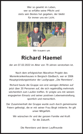 Anzeige von Richard Haemel von Kölner Stadt-Anzeiger / Kölnische Rundschau / Express