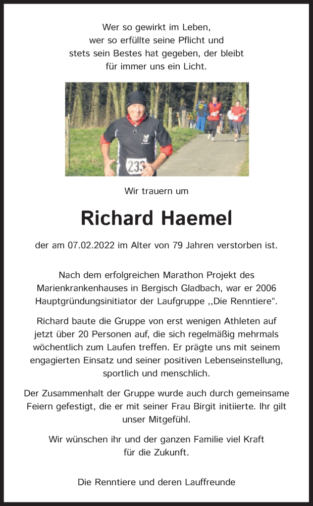  Traueranzeige für Richard Haemel vom 15.02.2022 aus Kölner Stadt-Anzeiger / Kölnische Rundschau / Express