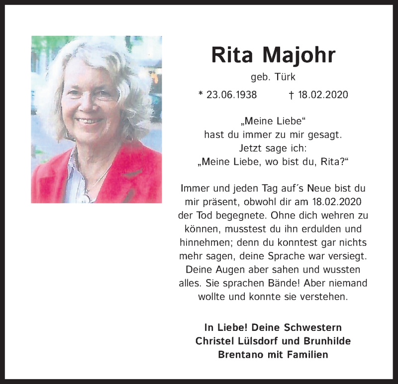  Traueranzeige für Rita Majohr vom 19.02.2022 aus Kölner Stadt-Anzeiger / Kölnische Rundschau / Express