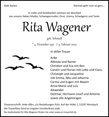 Anzeige von Rita Wagener von  Lokalanzeiger 