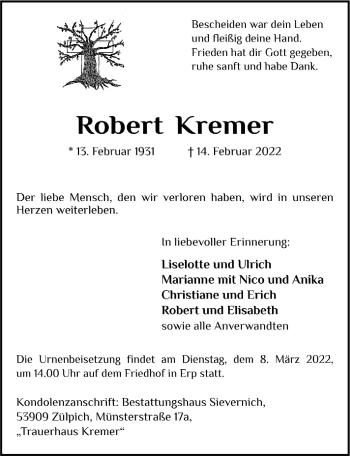 Anzeige von Robert Kremer von  Werbepost 