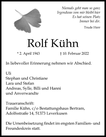 Anzeige von Rolf Kühn von Kölner Stadt-Anzeiger / Kölnische Rundschau / Express