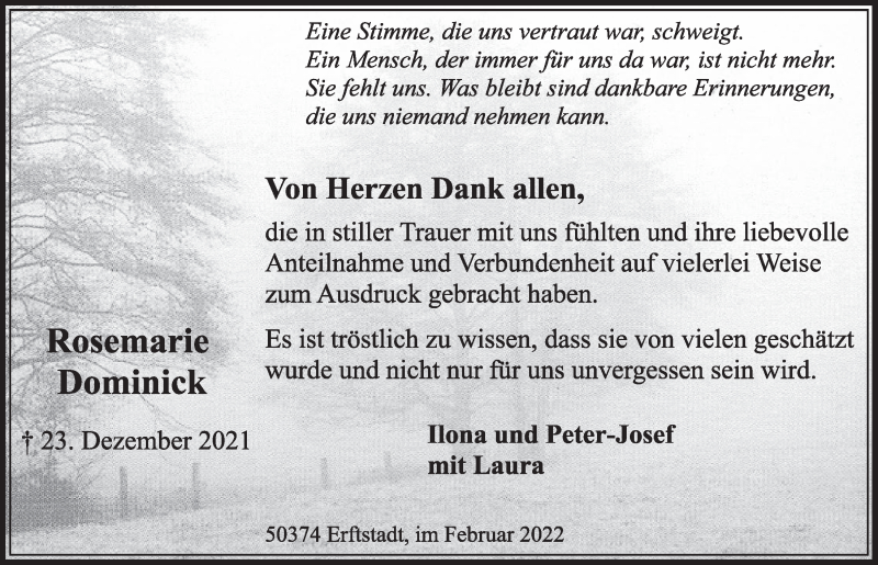  Traueranzeige für Rosemarie Dominick vom 11.02.2022 aus  Werbepost 