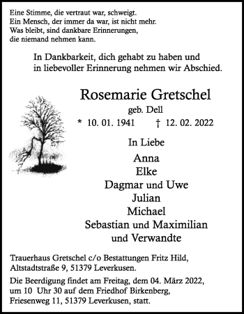 Anzeige von Rosemarie Gretschel von Kölner Stadt-Anzeiger / Kölnische Rundschau / Express