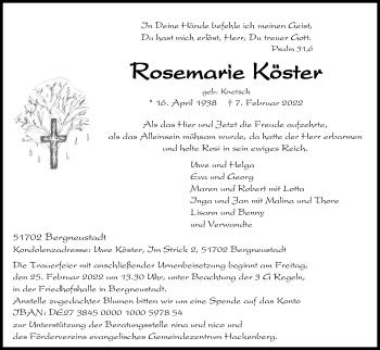 Anzeige von Rosemarie Köster von Kölner Stadt-Anzeiger / Kölnische Rundschau / Express
