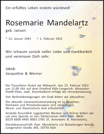 Anzeige von Rosemarie Mandelartz von Kölner Stadt-Anzeiger / Kölnische Rundschau / Express