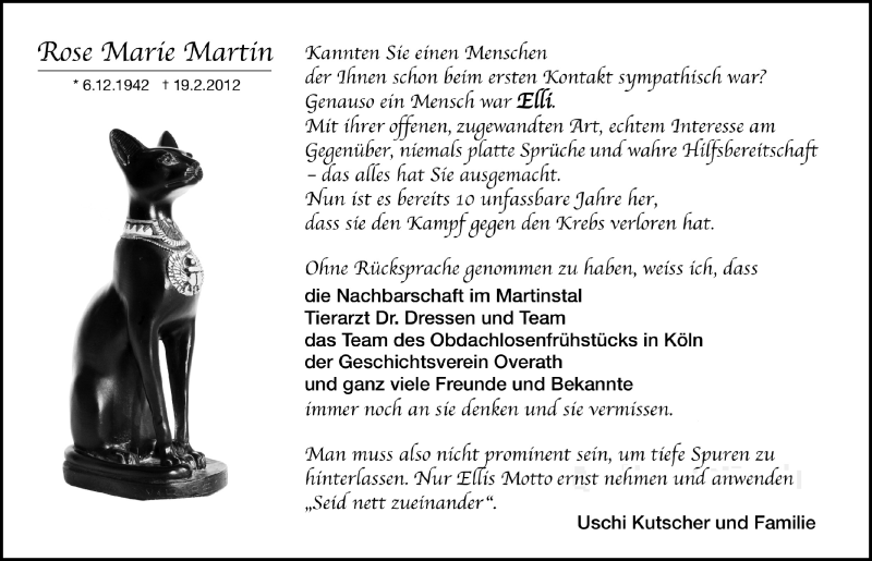  Traueranzeige für Rose Marie Martin vom 18.02.2022 aus  Bergisches Handelsblatt 