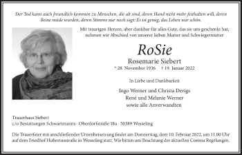 Anzeige von Rosemarie Siebert von  Schlossbote/Werbekurier 
