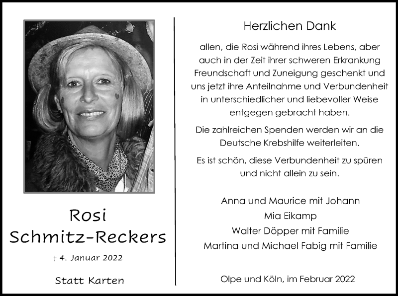  Traueranzeige für Rosi Schmitz-Reckers vom 05.02.2022 aus Kölner Stadt-Anzeiger / Kölnische Rundschau / Express