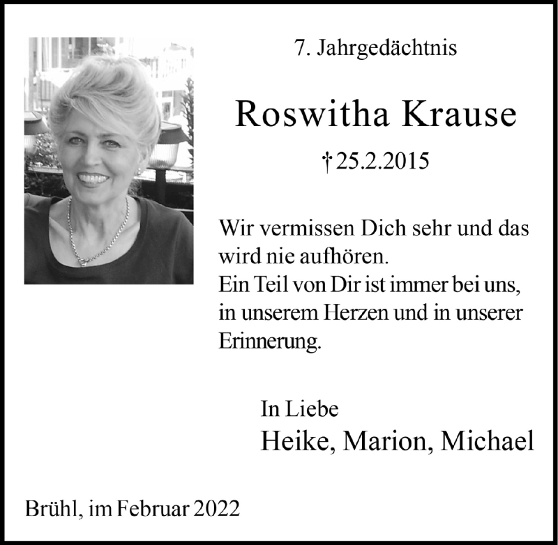  Traueranzeige für Roswitha Krause vom 18.02.2022 aus  Schlossbote/Werbekurier 