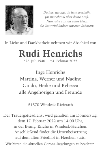 Anzeige von Rudi Henrichs von Kölner Stadt-Anzeiger / Kölnische Rundschau / Express