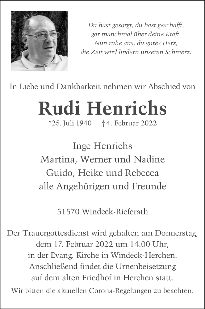  Traueranzeige für Rudi Henrichs vom 12.02.2022 aus Kölner Stadt-Anzeiger / Kölnische Rundschau / Express