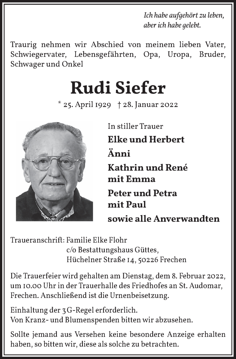  Traueranzeige für Rudi Siefer vom 04.02.2022 aus  Wochenende 