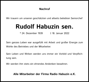 Anzeige von Rudolf Habuzin von Kölner Stadt-Anzeiger / Kölnische Rundschau / Express