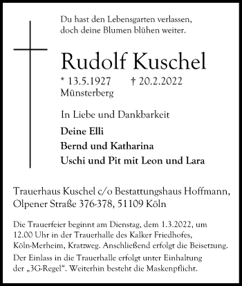Anzeige von Rudolf Kuschel von Kölner Stadt-Anzeiger / Kölnische Rundschau / Express