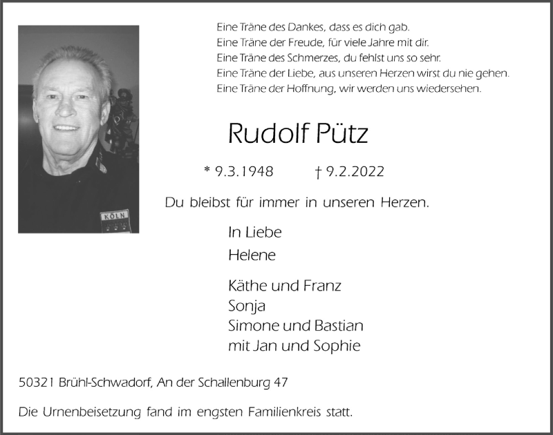  Traueranzeige für Rudolf Pütz vom 25.02.2022 aus  Schlossbote/Werbekurier 