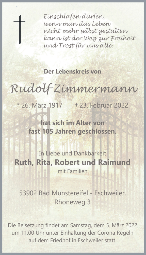  Traueranzeige für Rudolf Zimmermann vom 26.02.2022 aus  Blickpunkt Euskirchen 