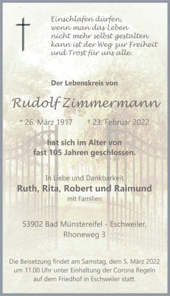 Anzeige von Rudolf Zimmermann von  Blickpunkt Euskirchen 