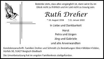 Anzeige von Ruth Dreher von Kölner Stadt-Anzeiger / Kölnische Rundschau / Express