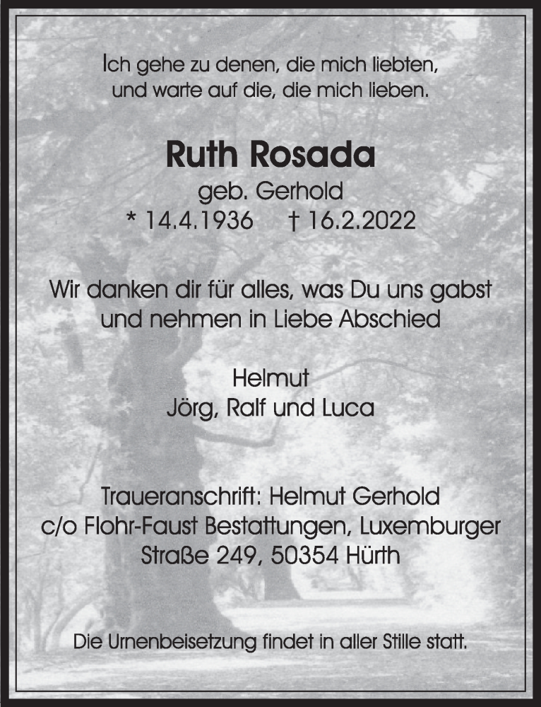  Traueranzeige für Ruth Rosada vom 25.02.2022 aus  Werbepost 