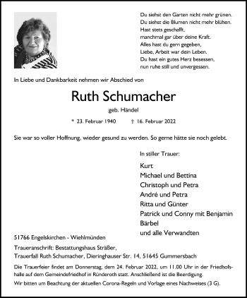 Anzeige von Ruth Schumacher von Kölner Stadt-Anzeiger / Kölnische Rundschau / Express