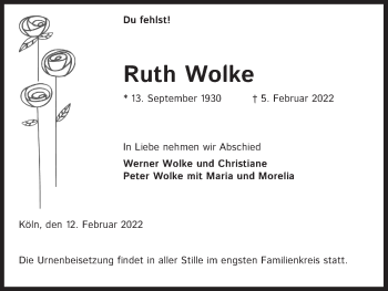Anzeige von Ruth Wolke von Kölner Stadt-Anzeiger / Kölnische Rundschau / Express