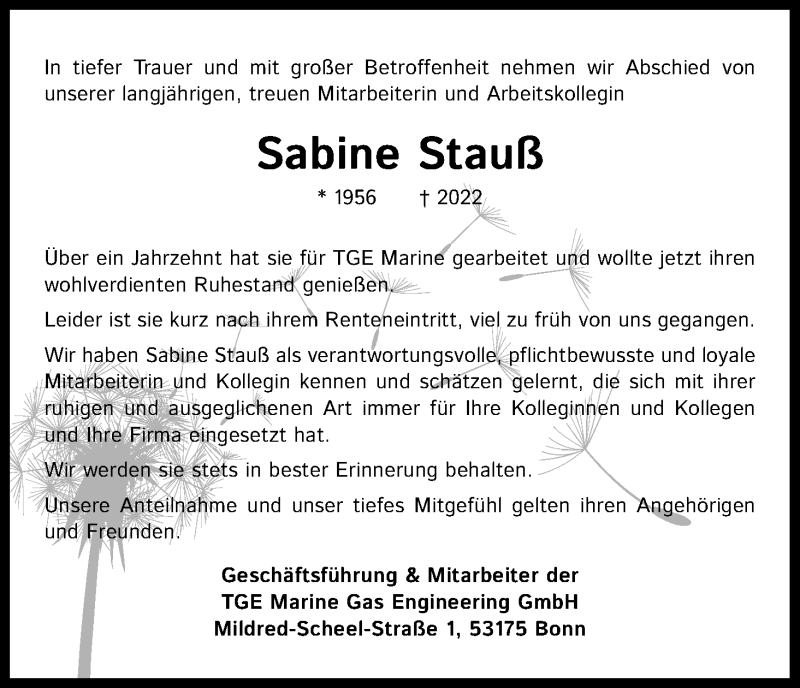  Traueranzeige für Sabine Stauß vom 05.02.2022 aus Kölner Stadt-Anzeiger / Kölnische Rundschau / Express