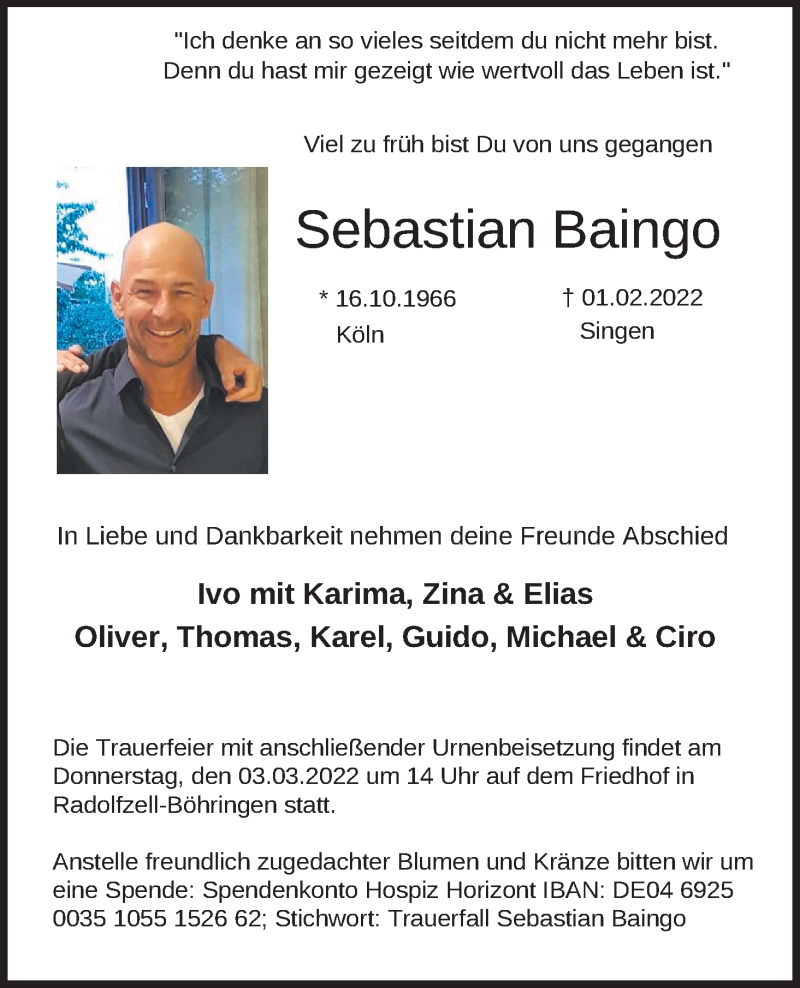  Traueranzeige für Sebastian Baingo vom 26.02.2022 aus Kölner Stadt-Anzeiger / Kölnische Rundschau / Express