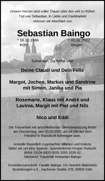 Anzeige von Sebastian Baingo von Kölner Stadt-Anzeiger / Kölnische Rundschau / Express