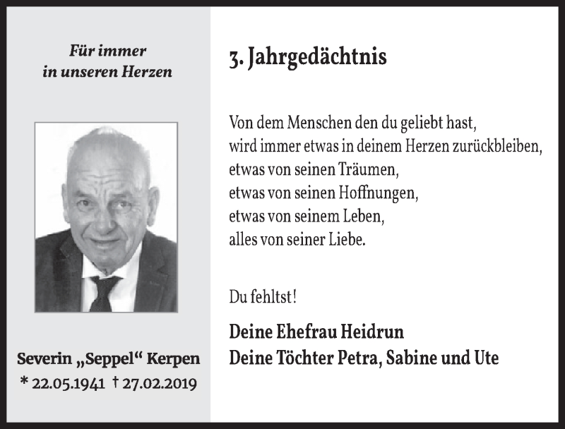  Traueranzeige für Severin Kerpen vom 25.02.2022 aus  Wochenende 