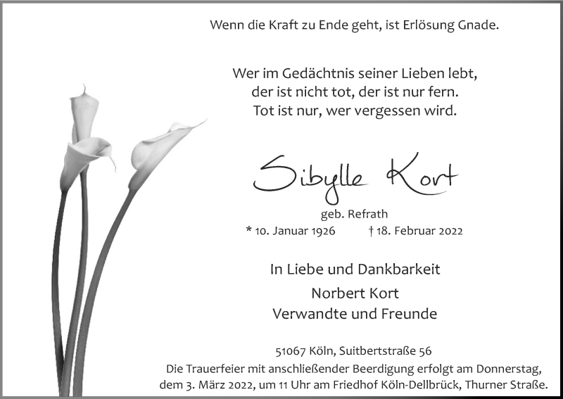  Traueranzeige für Sibylle Kort vom 26.02.2022 aus Kölner Stadt-Anzeiger / Kölnische Rundschau / Express