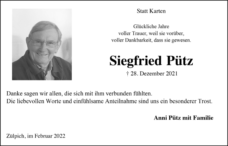  Traueranzeige für Siegfried Pütz vom 26.02.2022 aus  Blickpunkt Euskirchen 