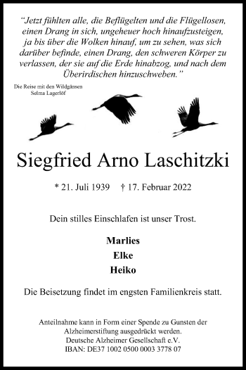 Anzeige von Siegfried Arno Laschitzki von Kölner Stadt-Anzeiger / Kölnische Rundschau / Express