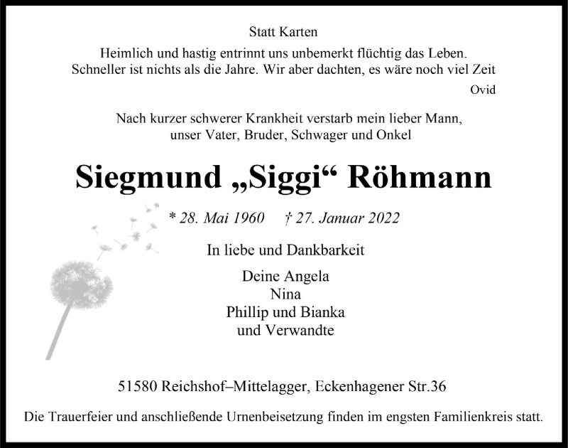  Traueranzeige für Siegmund Röhmann vom 04.02.2022 aus  Anzeigen Echo 