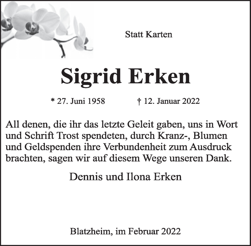  Traueranzeige für Sigrid Erken vom 25.02.2022 aus  Werbepost 