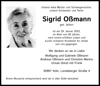 Anzeige von Sigrid Oßmann von Kölner Stadt-Anzeiger / Kölnische Rundschau / Express