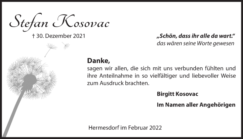  Traueranzeige für Stefan Kosovac vom 18.02.2022 aus  Lokalanzeiger 