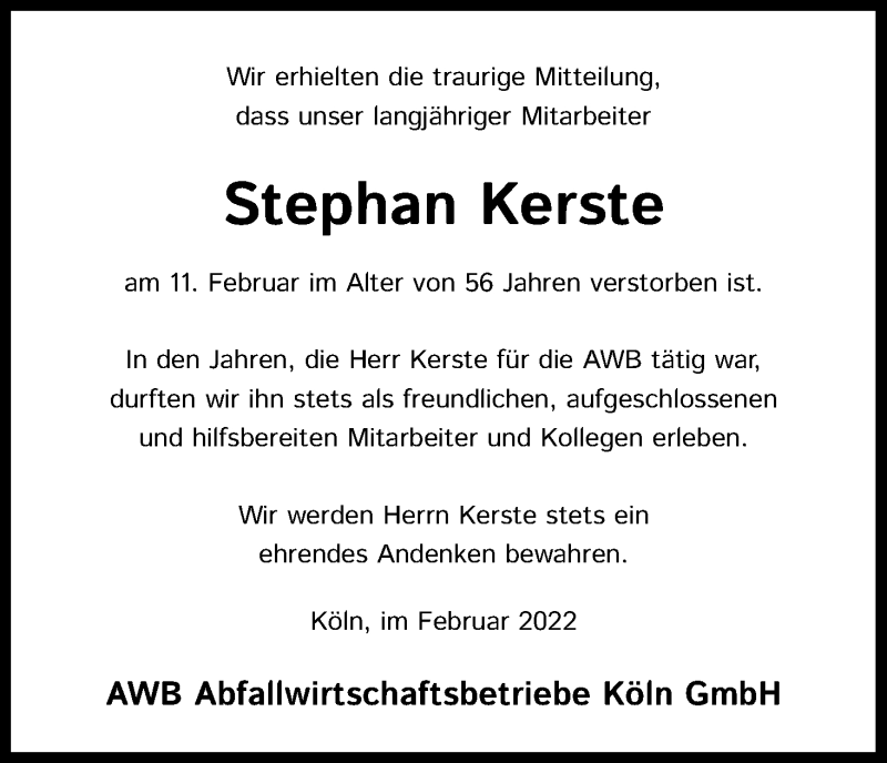  Traueranzeige für Stephan Kerste vom 19.02.2022 aus Kölner Stadt-Anzeiger / Kölnische Rundschau / Express