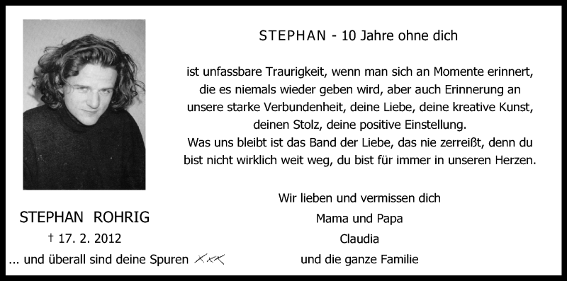  Traueranzeige für Stephan Rohrig vom 19.02.2022 aus Kölner Stadt-Anzeiger / Kölnische Rundschau / Express