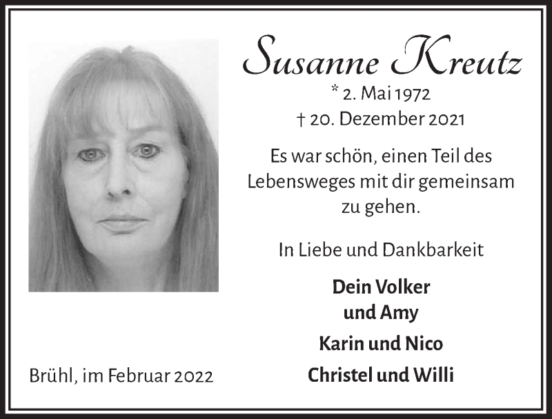  Traueranzeige für Susanne Kreutz vom 25.02.2022 aus  Schlossbote/Werbekurier 