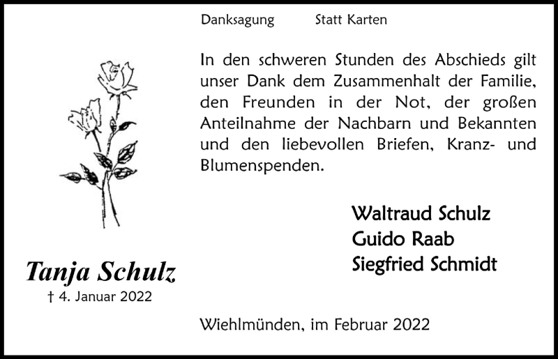  Traueranzeige für Tanja Schulz vom 18.02.2022 aus  Anzeigen Echo 