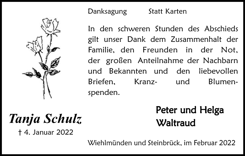  Traueranzeige für Tanja Schulz vom 12.02.2022 aus Kölner Stadt-Anzeiger / Kölnische Rundschau / Express