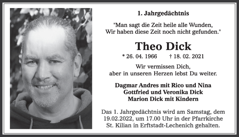  Traueranzeige für Theo Dick vom 18.02.2022 aus  Werbepost 
