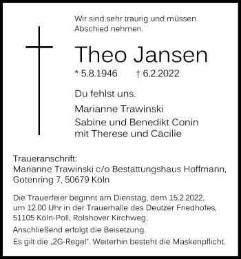 Anzeige von Theo Jansen von Kölner Stadt-Anzeiger / Kölnische Rundschau / Express