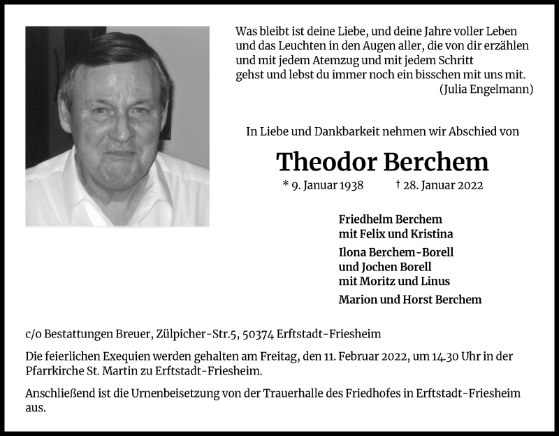  Traueranzeige für Theodor Berchem vom 05.02.2022 aus Kölner Stadt-Anzeiger / Kölnische Rundschau / Express
