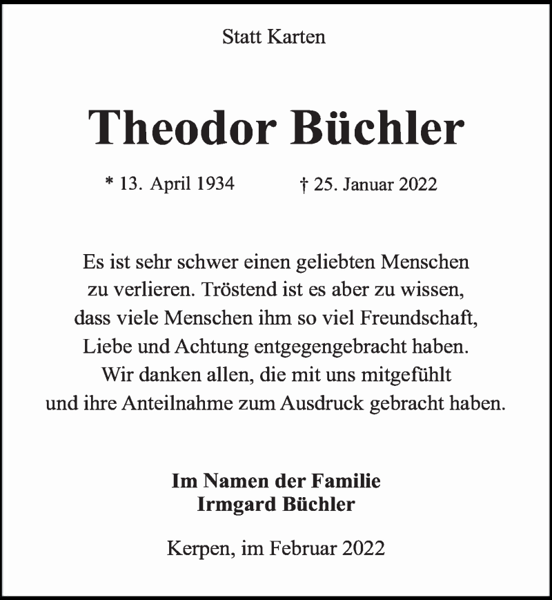  Traueranzeige für Theodor Büchler vom 18.02.2022 aus  Werbepost 