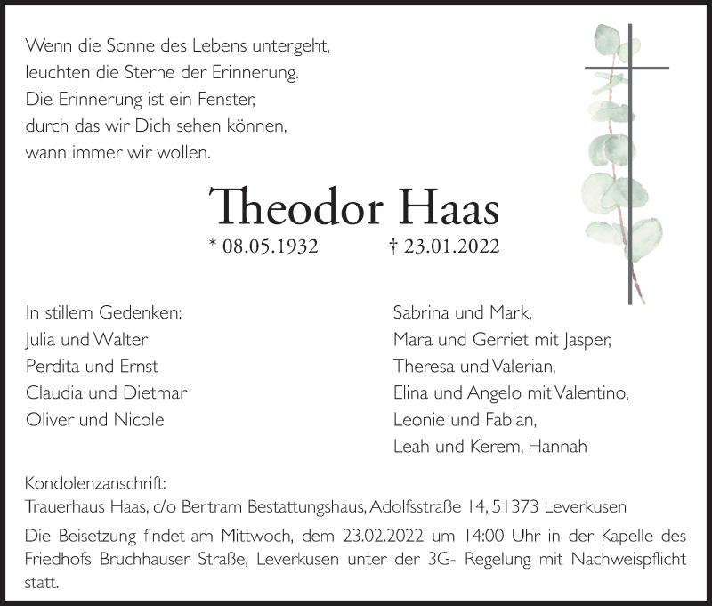  Traueranzeige für Theodor Haas vom 05.02.2022 aus Kölner Stadt-Anzeiger / Kölnische Rundschau / Express
