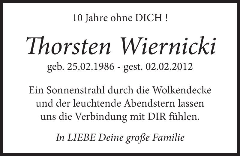 Traueranzeige für Thorsten Wiernicki vom 05.02.2022 aus  Blickpunkt Euskirchen 