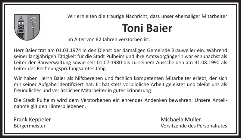  Traueranzeige für Toni Baier vom 04.02.2022 aus  Wochenende 