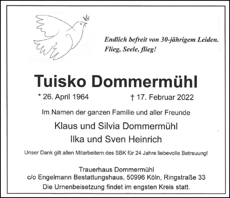  Traueranzeige für Tuisko Dommermühl vom 26.02.2022 aus Kölner Stadt-Anzeiger / Kölnische Rundschau / Express